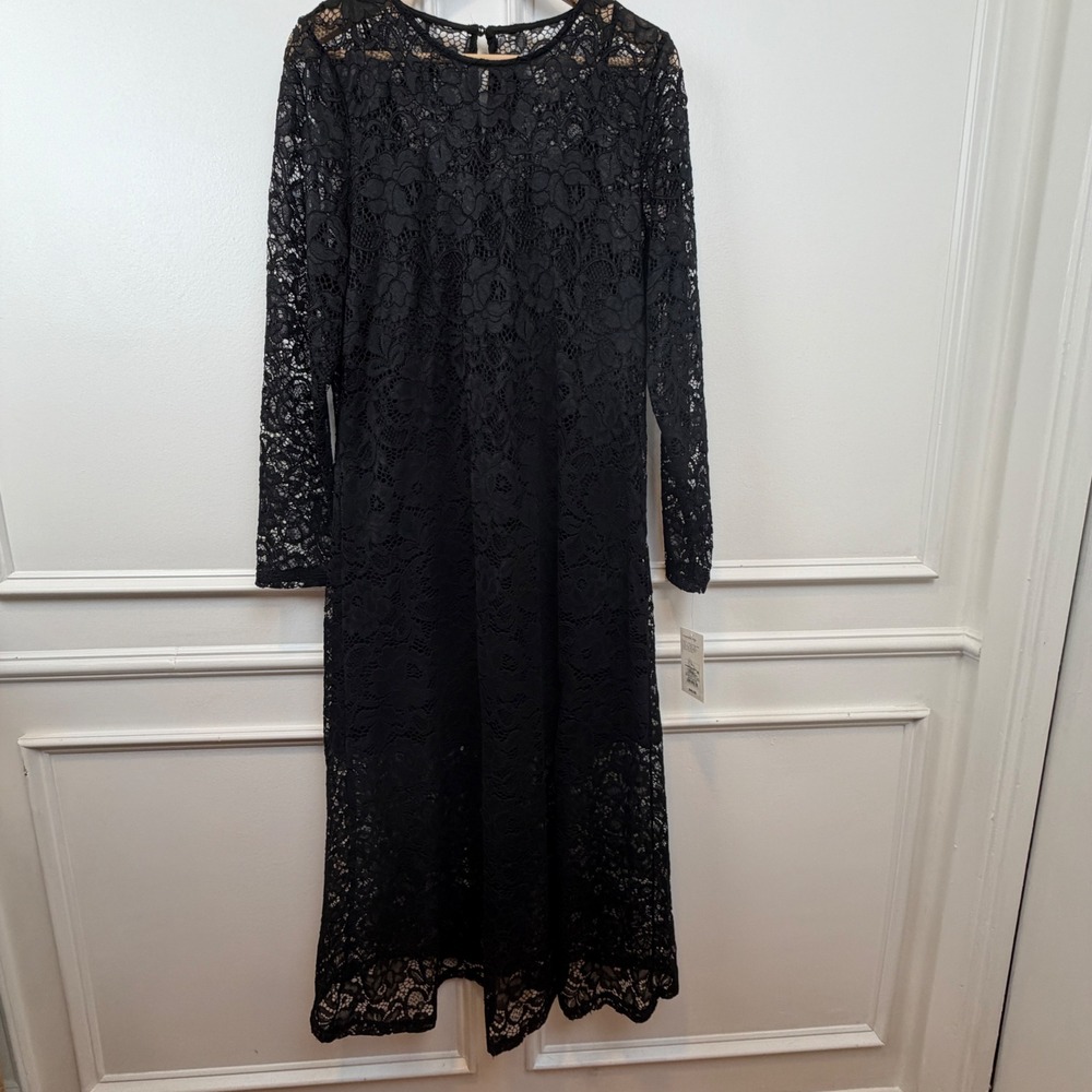 A New Day Black‎ Floral Lace Long Sleeve Midi Dress L VN1247024 Witchy